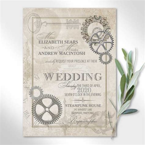 Steampunk Wedding Vintage Industrial Chic Invitations Gears Metallic