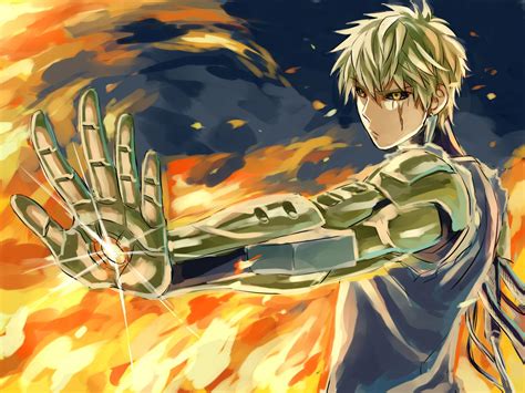 It looks stunning, with yellow led lights glowing around the weapon. Genos (One Punch Man), Dark Background, Cyborg, Fire ...