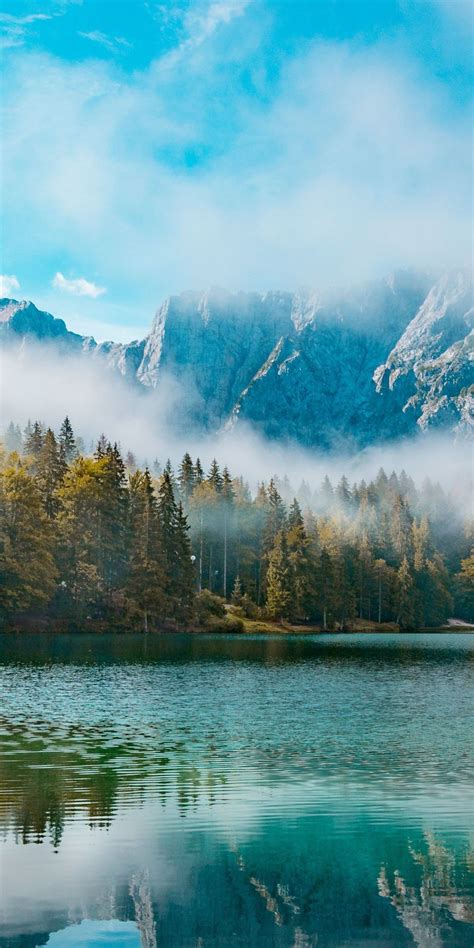 Lake Mountains Mist Forest Nature 1080x2160 Wallpaper Scenery