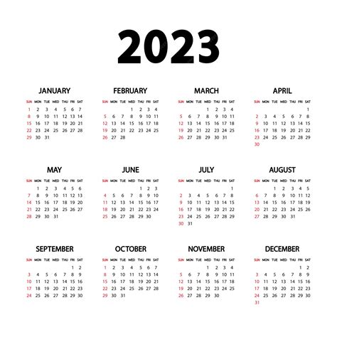 Calendar 2023 Year The Week Starts Sunday Annual English Calendar