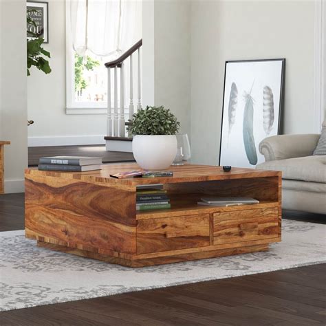 Delaware Rustic Solid Wood Square Coffee Table With 4 Drawers In 2021