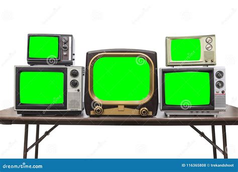 Five Vintage Televisions Isolated With Chroma Green Screens And Stock
