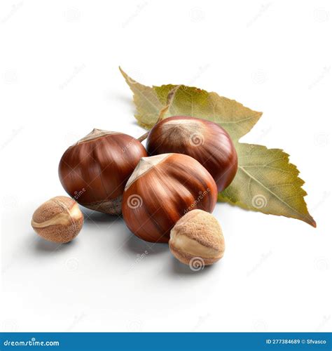 Hazelnuts Whole And Peeled Cut In Half And Green Leaves Realistic