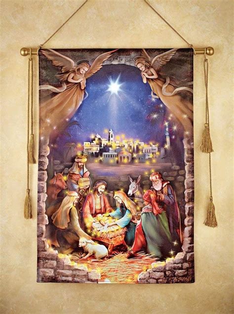 Collections Etc Lighted Nativity Scene Hanging Canvas Wall Art