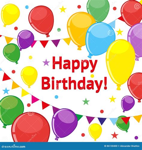 Poster Happy Birthday Multicolored Balloons And Ribbon With Flags For