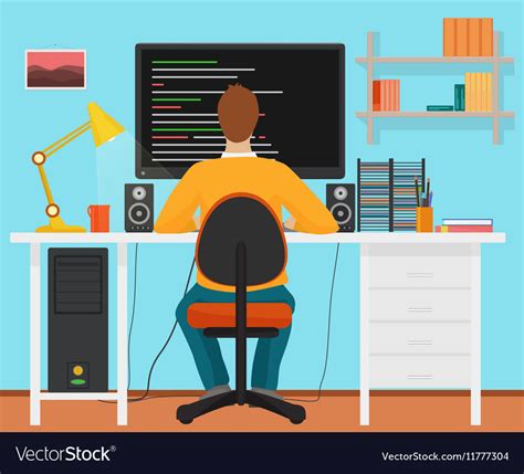 Man Programmer Back Working On His Pc Computer Vector Image