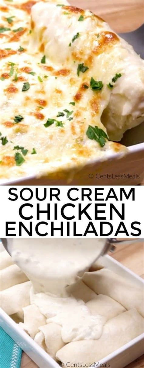 They are filled with a mix of roasted vegetables and beans, and covered in a flavorful and rich sour cream sauce. Sour Cream Chicken Enchiladas | Recipe