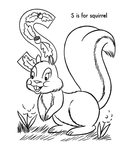 Squirrel woo kids, coloring outline of red squirrel with a big gift, eastern fox squirrel coloring. Letter S coloring pages to download and print for free
