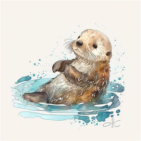 Premium Photo There Is A Watercolor Painting Of A Sea Otter Floating