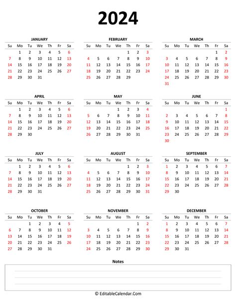 2024 Yearly Editable Word Calendar Template Free Printable Templates