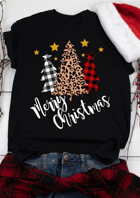 Plaid Leopard Printed Merry Christmas Trees T Shirt Tee Black