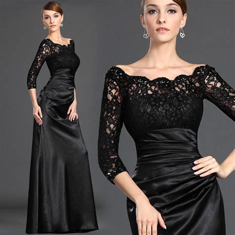 Black Dinner Banquet Long Evening Dress 2016 New Elegant Lace Stain