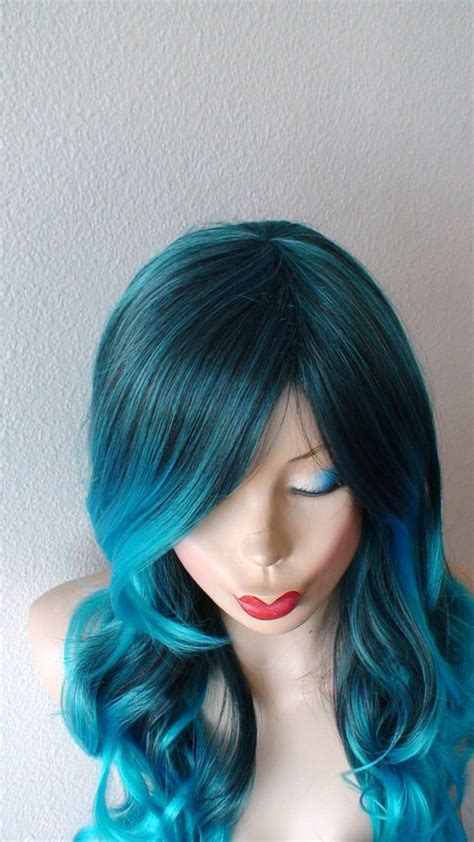 Turquoise Teal Ombre Wig Pastel Wig Long Curly By Kekeshop