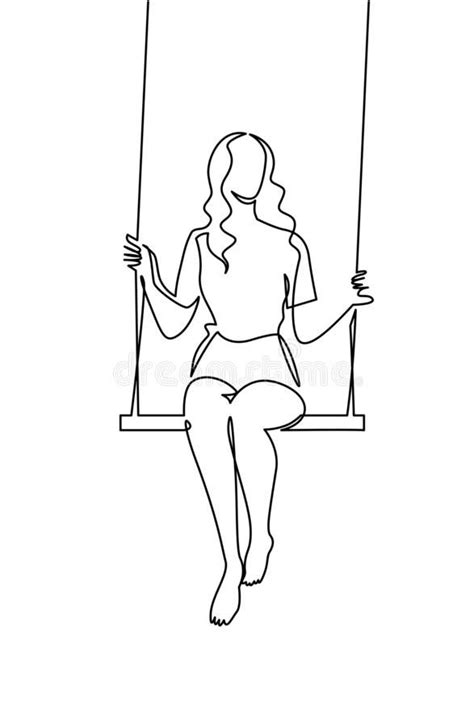 Continuous One Line Drawing Youg Woman Swinging On Swing Leisure Time Vector Illustration