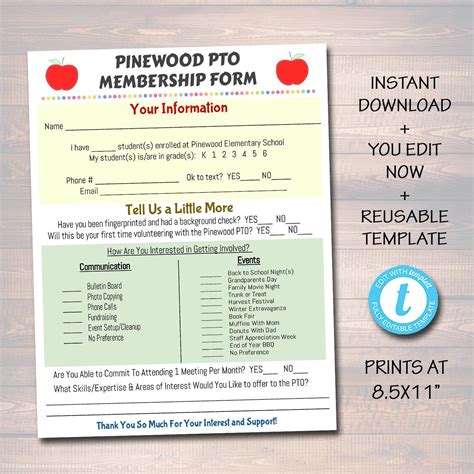 Editable Pto Pta Form Membership Volunteer Signup Printable Etsy