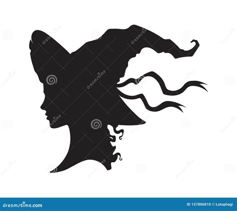 silhouette of beautiful curly witch girl in pointy hat in profile isolated hand drawn vector