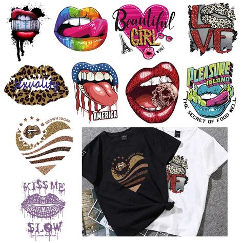 colorful sex lips thermo transfer sticker on clothes decor washable iron on patches for clothing