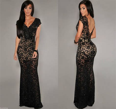 Women Long Black Nude Lace Maxi Dress Prom Wedding Evening Gown Size