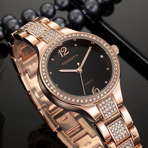 women dress watch rose gold stainless steel fashion ladies wristwatch rhinestone business quartz