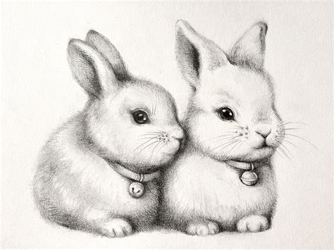 Original Cute Bunnys Pencil Drawing Rabbit Couple Sketch Etsy