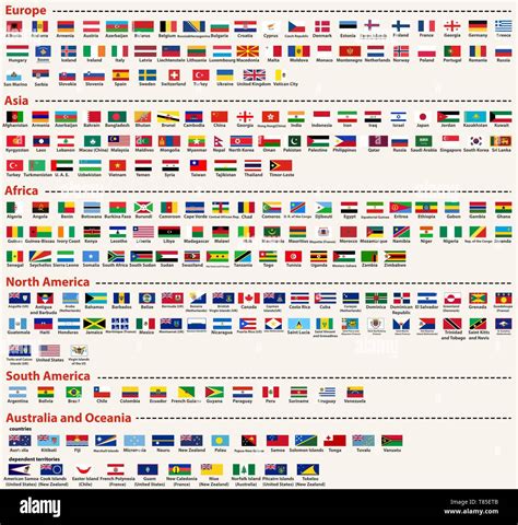 vector set of all world flags arranged in alphabetical order and singled out by continents stock