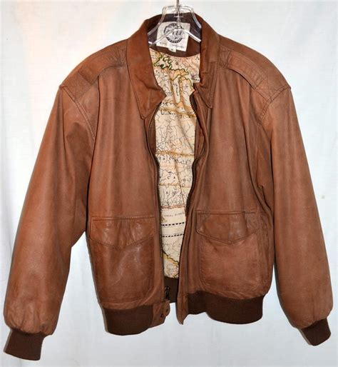 Global Identity Mens Brown Genuine Leather Bomber Jacket With Map