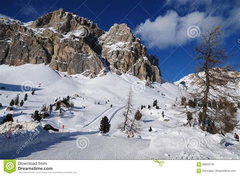 Lagazuoi Mountain As Seen From Passo Falzarego In Winter