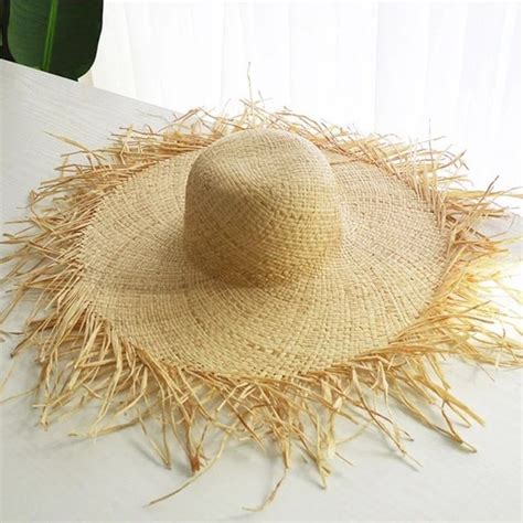 Summer Big Straw Hat Natural Large Wide Brim Raffia Hats Handmade Woven Circle Fringe Beach Sun