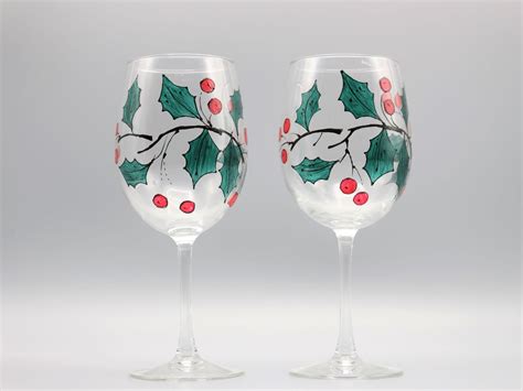 Painted Holly Wine Glasses Painted Christmas Wine Glasses Etsy