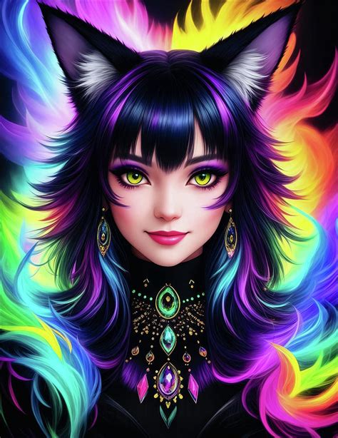 Beautiful Short Hair Fantasy Rainbow Anime Girl Digital Art By Julio