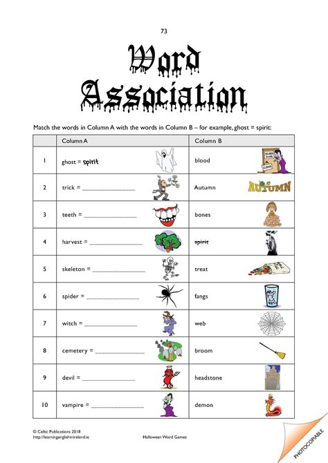 Create a slam sheet with pictures for the words above Halloween Word Association Worksheet - TEFL Resources