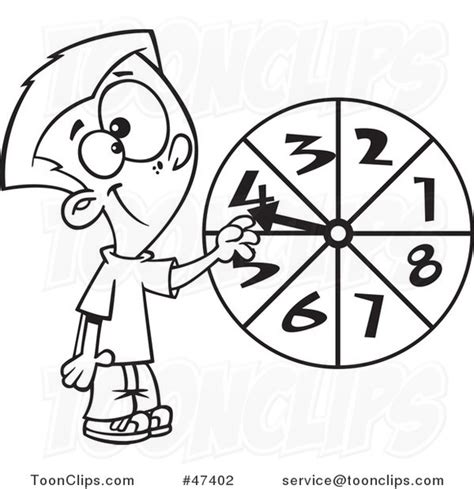 Cartoon Black And White School Boy Spinning A Probability Wheel 47402