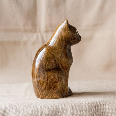Wooden Cat Statue Wooden Cat Figurine Wood Carving Hand