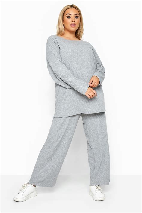 Grey Marl Ribbed Wide Leg Co Ord Lounge Pants Yours Clothing