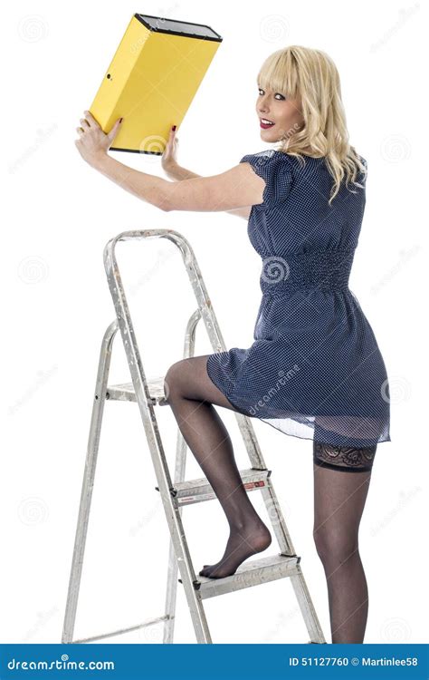 Young Business Woman Climbing Ladder Stock Photo Image Of Yellow