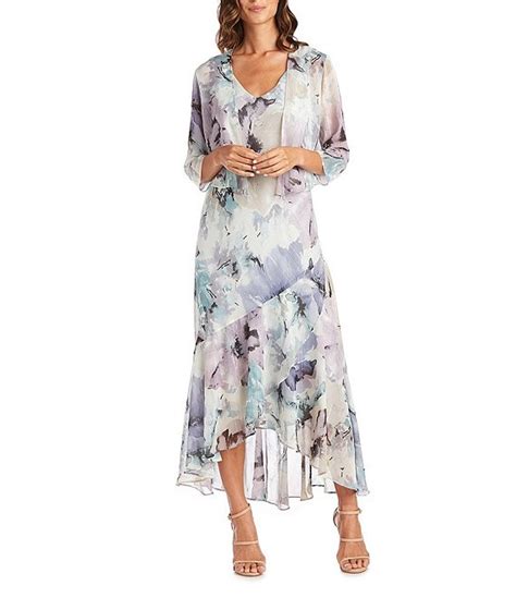 R And M Richards Watercolor Floral Printed Chiffon V Neck Tiered Ruffle