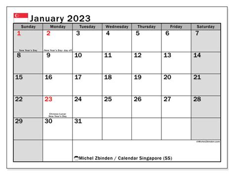 January 2023 Printable Calendar “singapore Ss” Michel Zbinden Sg