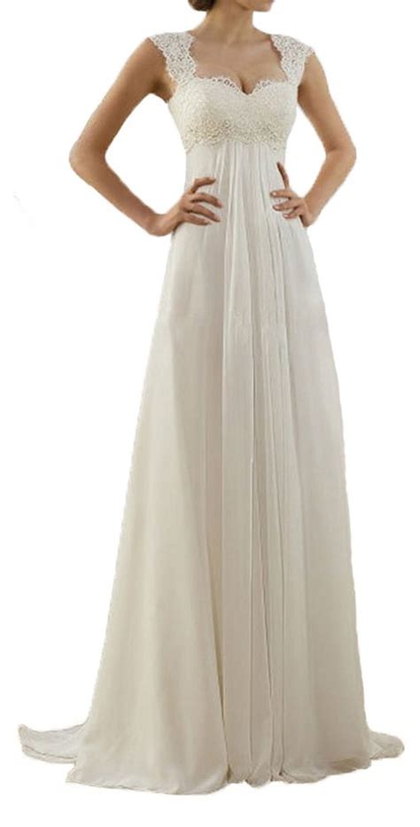 Elegant Cap Sleeves Empire Waist Lace Chiffon Beach Wedding Dress Key Hole Corset Back Dress