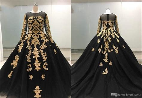 Black And Gold Lace Ball Gown Evening Prom Dresses With Long Sleeves