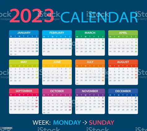 Ilustración De Plantilla Vectorial De Color Calendario 2023 Lunes A