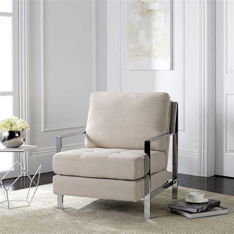 Walden Modern Tufted Linen Chrome Accent Chair In Beige Linen By Safavieh