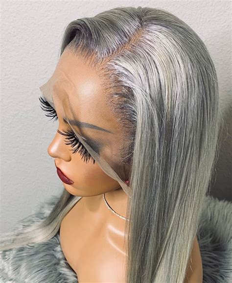 Gray Straight Frontal Wig Pre Plucked 150 Density Human Hair Etsy
