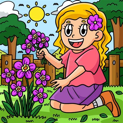 Spring Girl Picking Flowers Colored Illustration Stock Vector