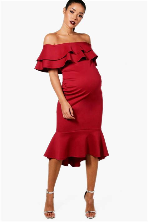 Boohoo Maternity Julie Off The Shoulder Ruffle Midi Dress In Red Lyst