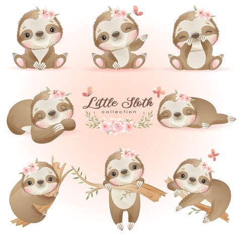 Cute Little Sloth Poses Clipart With Watercolor Illustration