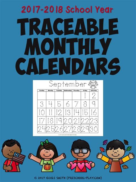 Traceable Monthly Calendars Pre Writing Activities Numbers Preschool