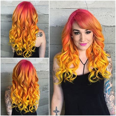 fiery orange to yellow color melt and long curly hair by vanessa vanessashairaddiction