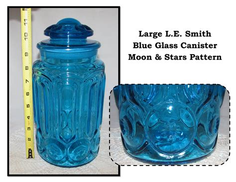 Large Vintage Blue Glass Paneled Jar Kitchen Canister W Moon And Stars Pattern By L E Smith