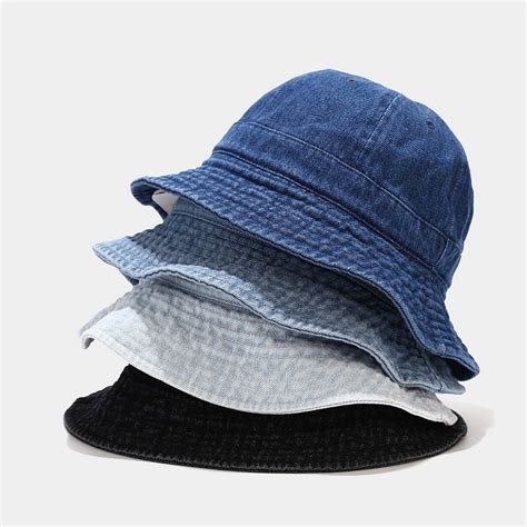 Blue Denim Bucket Hat Black Round Sun Hat Little Tailor Studio