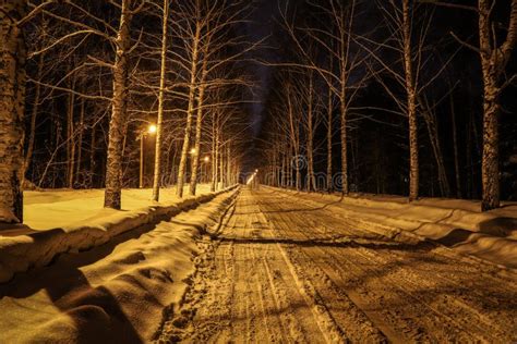 Snowy Road With Yellow Lighting Stock Photo Image Of Evening